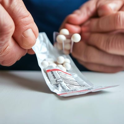 adult pouring prescription drugs from a packet with their name on it
