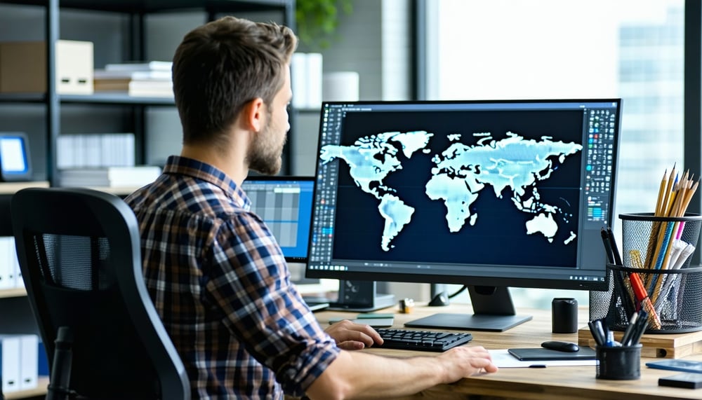 create an image that implies procurement of components from global sources Include a human at a desk and look over their shoulder at the image that is on their computer screen-1