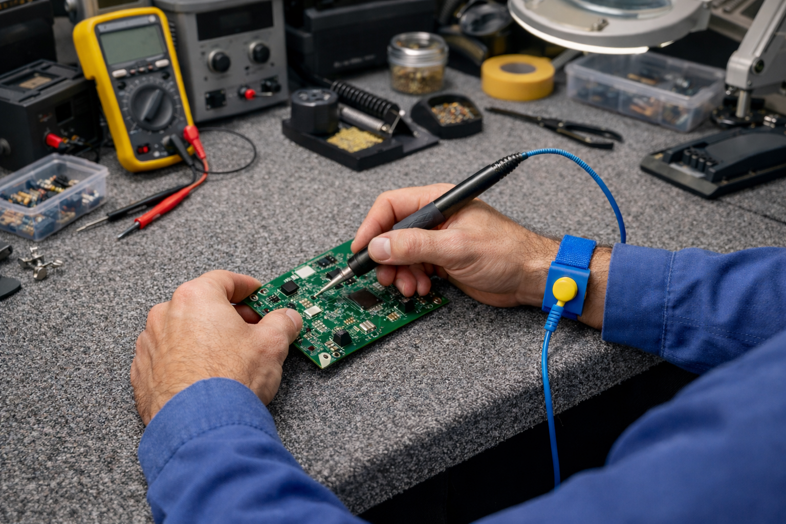 desktop with soldering iron and esd strap