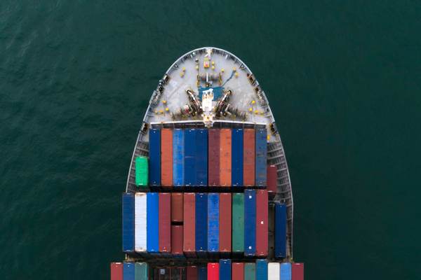 Top down view of a container ship in water